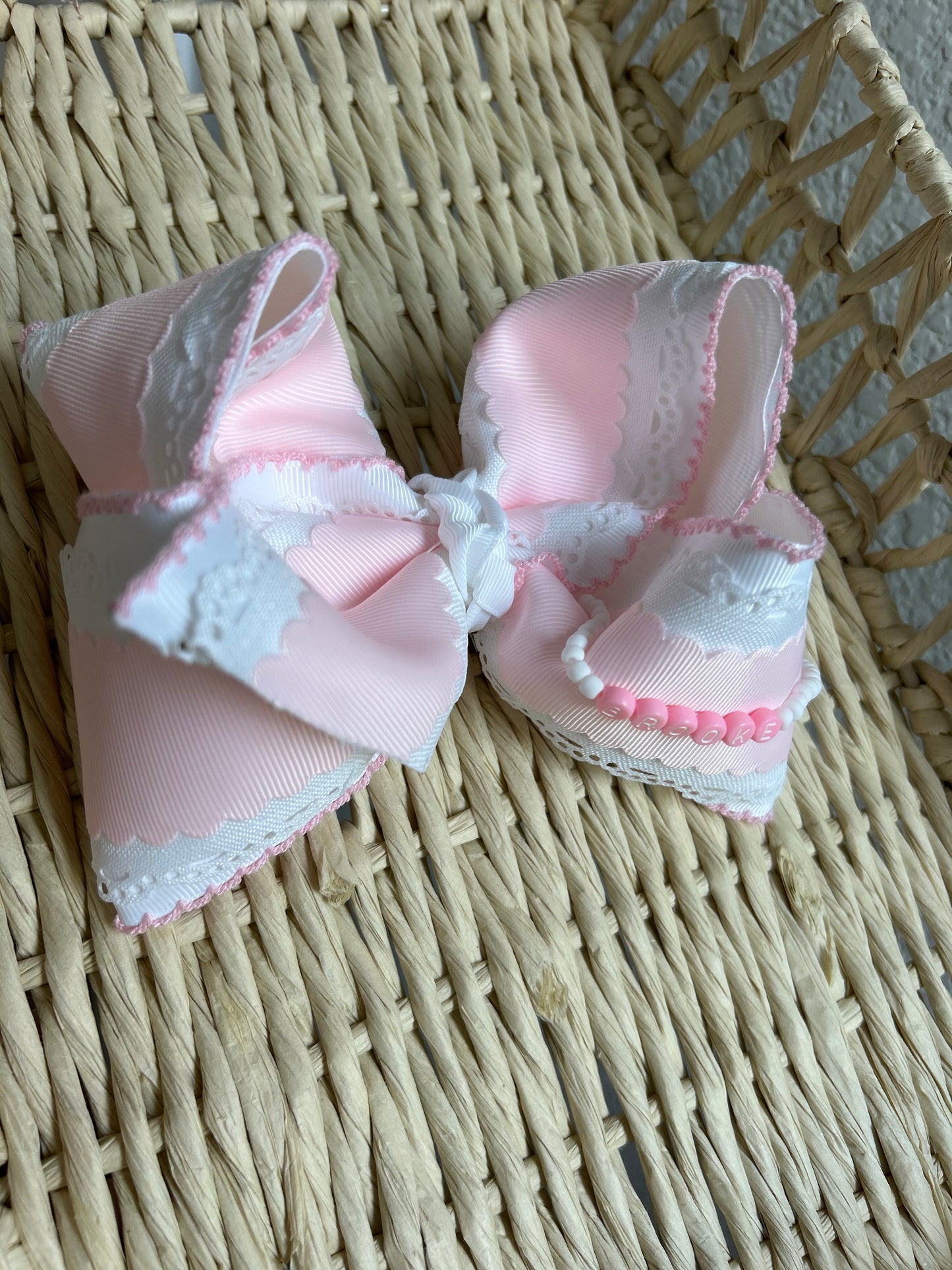 Custom beaded Pink Name/ Grade Bow