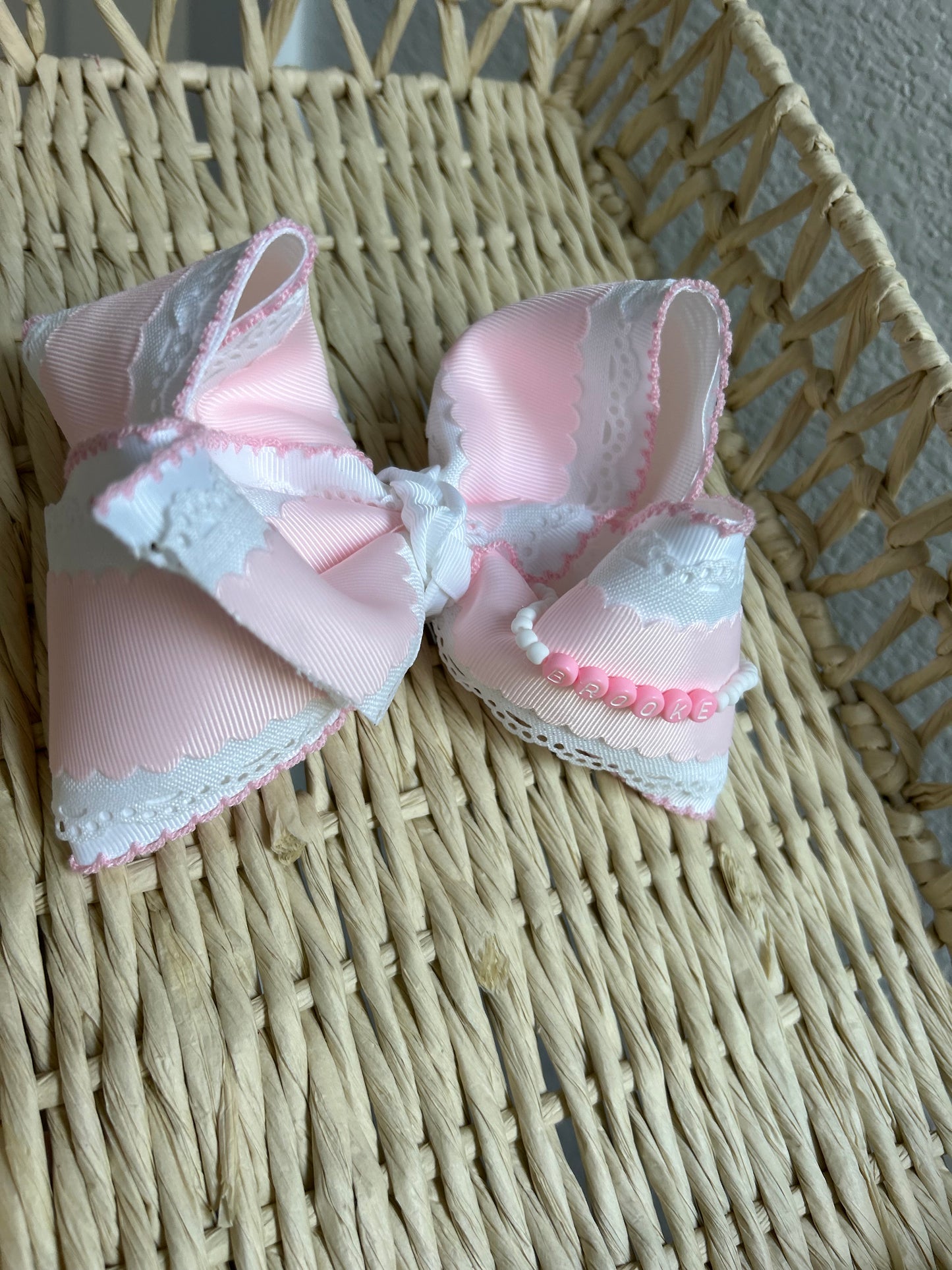 Custom beaded Pink Name/ Grade Bow